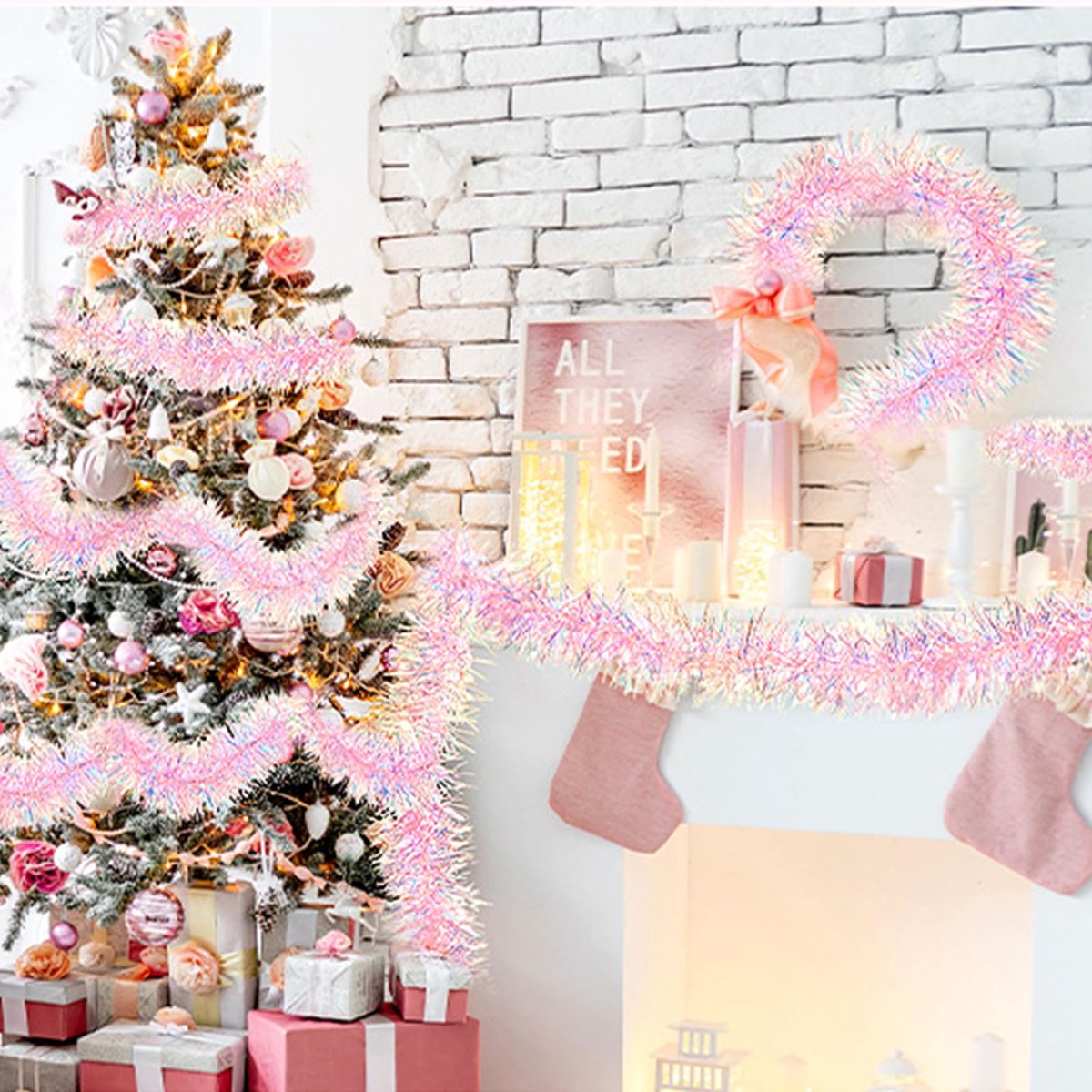 Kerst Guirlande Folieslinger (Set van 2) - Roze Glanzend Metallic - 2 Meter x 9 cm - Kerstboom & Feest Decoratie – foto 2