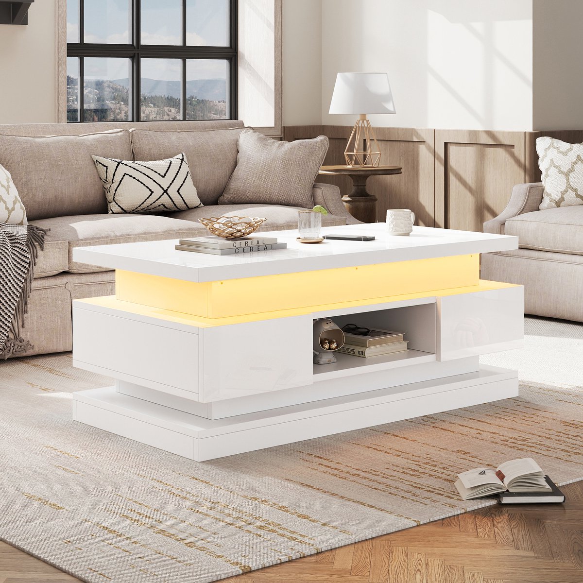 MUVANO In Hoogte Verstelbare Salontafel - Witte Hoogglans Salontafel - Met Led Verlichting-Met 2 Lades - 100x50x40 cm - Verborgen Opbergruimte - Woonkamer Wit