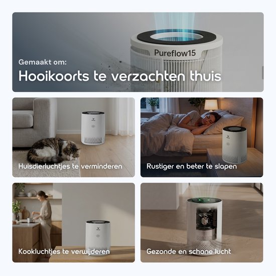 Collage van een luchtreiniger in verschillende ruimtes: woonkamer, slaapkamer, kantoor, babykamer, keuken.