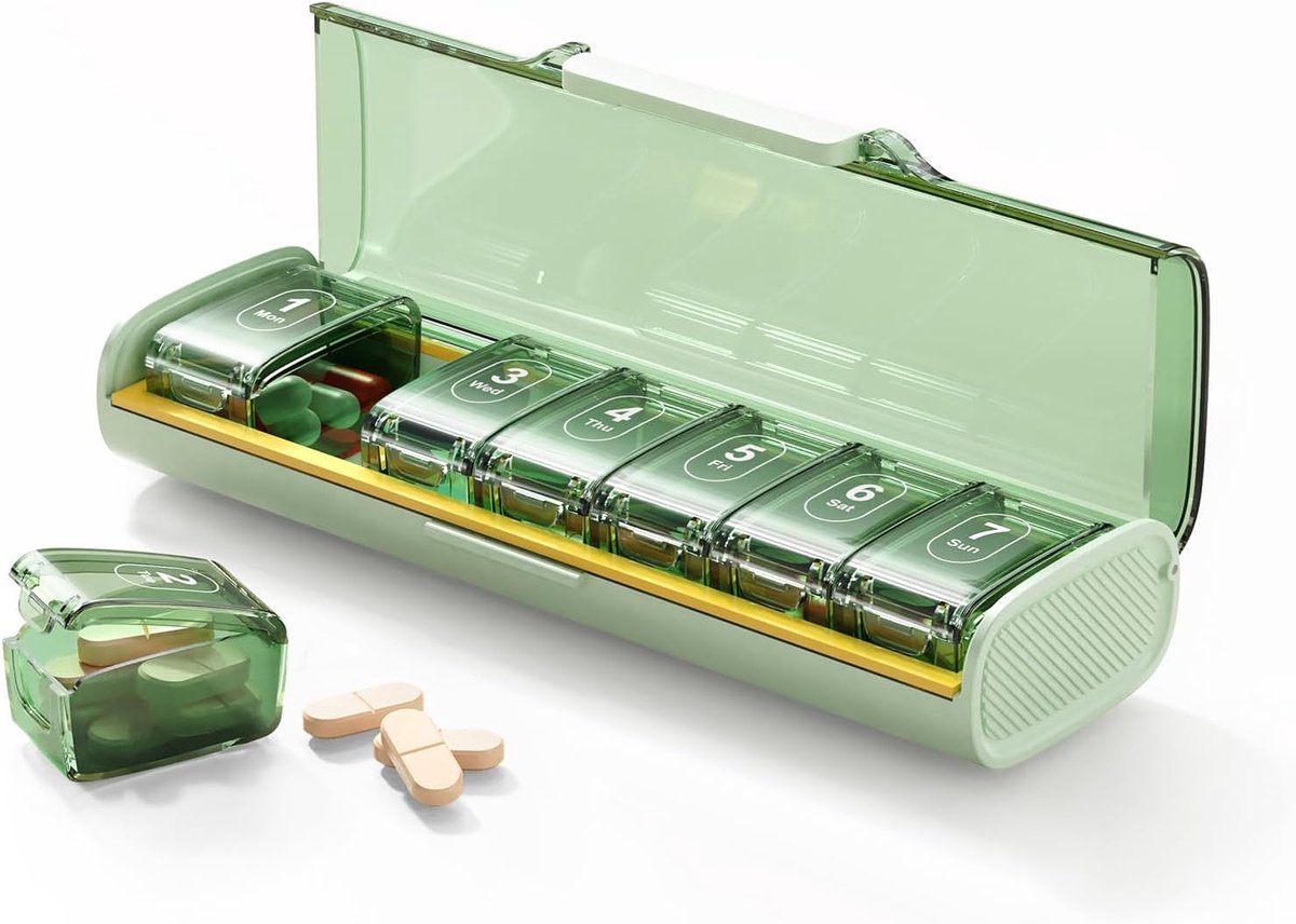Wekelijkse pil-organizer, draagbare 7-daagse pillendoos, vochtbestendige medicijnpil-organizer, reispillendoos met BPA-vrij materiaal, zakformaat voor supplementen en vitaminen (groen)