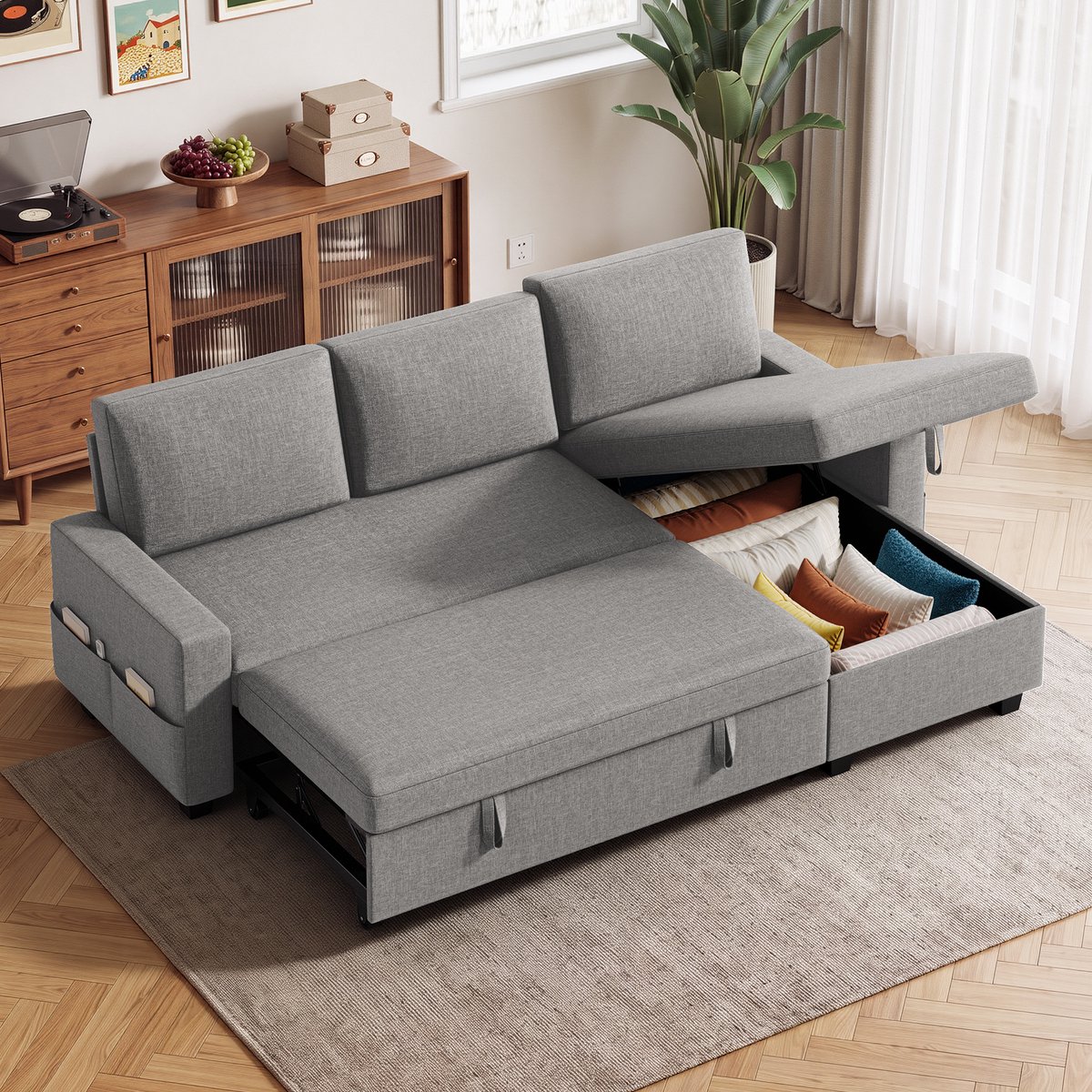 Bealife AR49 Hoekbank - met Slaapfunctie en Opbergruimte - Omkeerbare Chaise Longue - 205 x 112 cm - Grijs