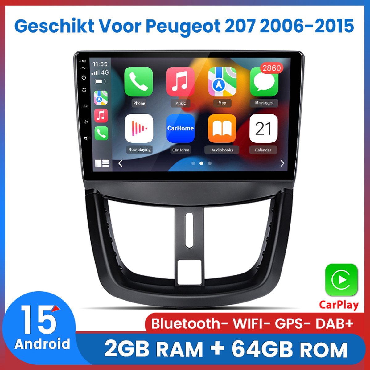 Awesafe Autoradio - Geschikt Voor Peugeot 207 2006-2015 - Android 15.0 Systeem - Draadloos Apple CarPlay & Android Auto - RAM 2GB + Rom 64GB - GPS Navigatie Bluetooth WiFi - 2006 2007 2008 2009 2010 2011 2012 2013 2014 2015