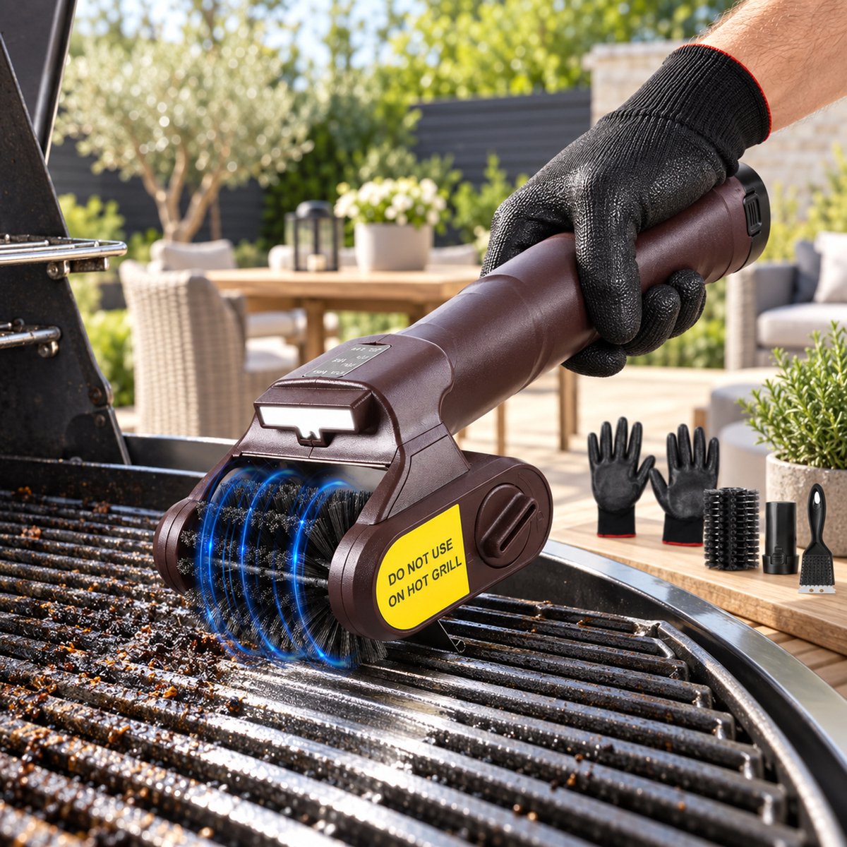 Rosnek Elektrische Barbecueborstel - Grillborstel 770 RPM met 2 RVS Borstelkoppen - Draadloze BBQ Reiniger met LED - 3 Snelheden - Afneembare Accu - Grillreiniger voor Gas- en Houtskoolbarbecue