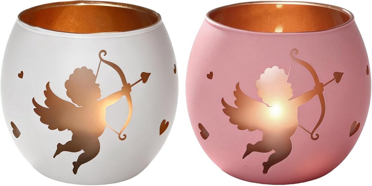 Theelichthouder van glas (wit en roze) - Engel Amor design romantisch cadeau voor koppels, bruiloft, Valentijnsdag