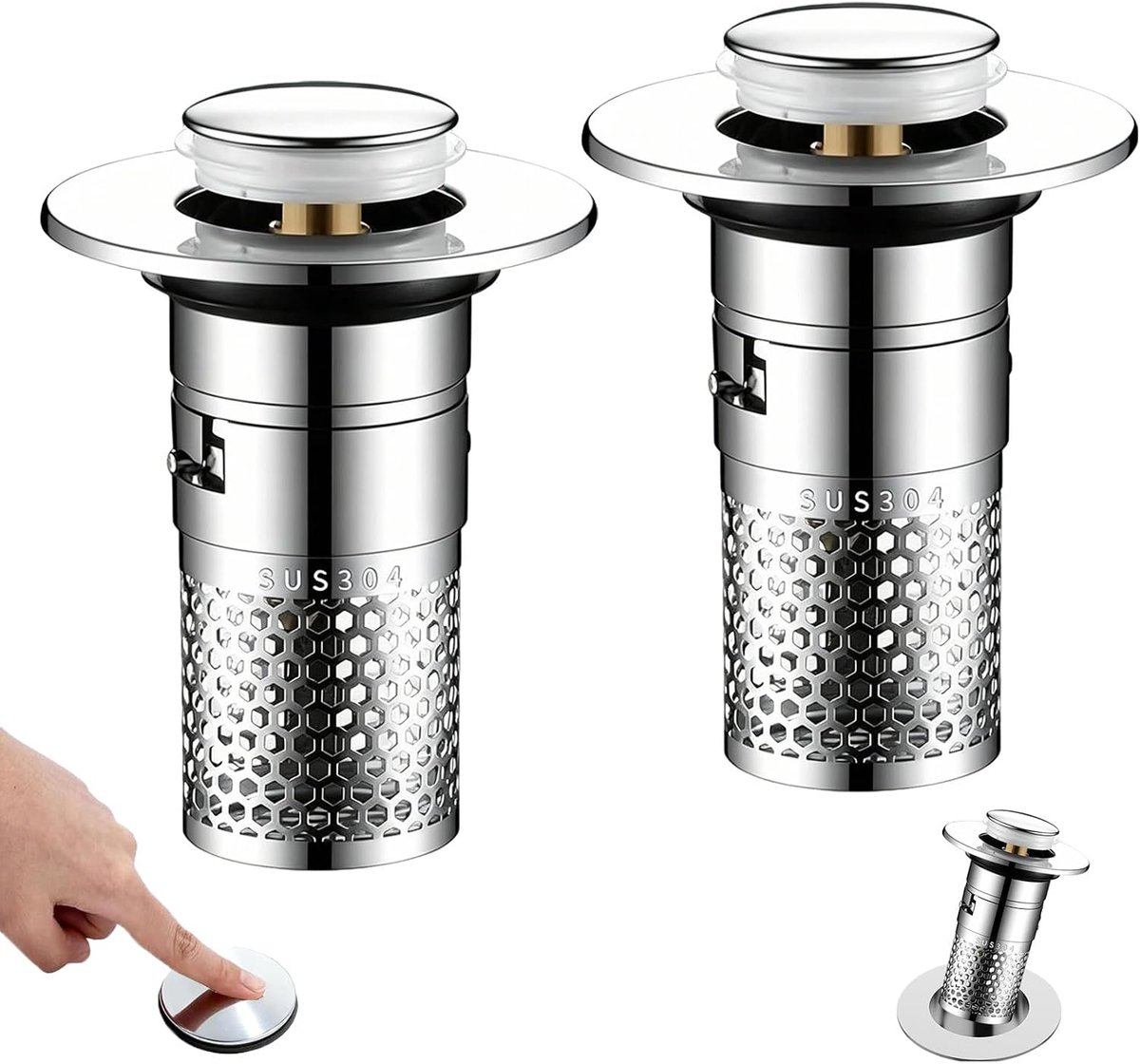 2 stuks wastafelstoppen met zeef, 30-40 mm roestvrij stalen afvoerstop, pop-up voor keuken, balkon en badkamer