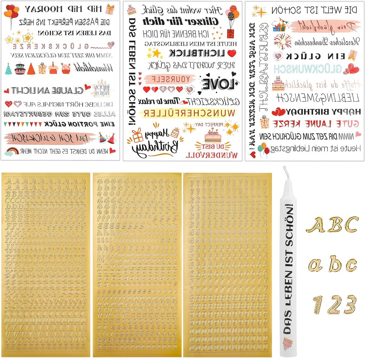 1 stuk doe-het-zelf kaars met kaarsentatoeages en wasletters voor kaarsen, set inclusief 3 motiefstickers en 3 vellen gouden letters (A-Z, cijfers), witte stompen om zelf vorm te geven voor doop