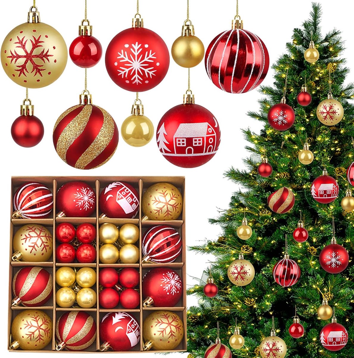Kerstballen rood goud, 3 cm en 6 cm, onbreekbaar kunststof, kerstboom en feestelijke decoratie