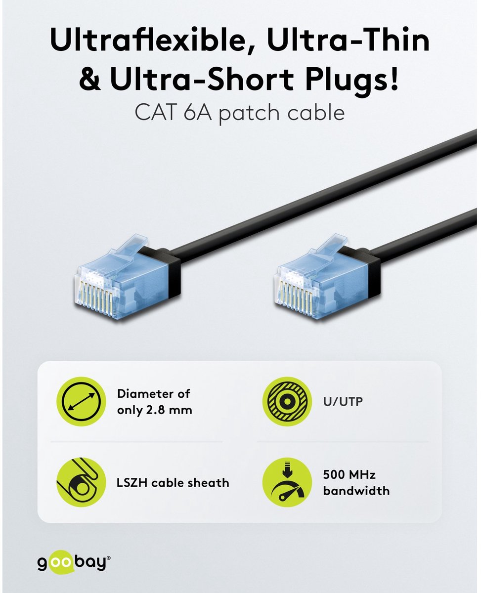 Image of Goobay Ultraflexibele CAT 6A netwerkkabel, 5 m, U/UTP, zwart, extra-korte RJ45-stekkers (15,3 mm), LSZH
