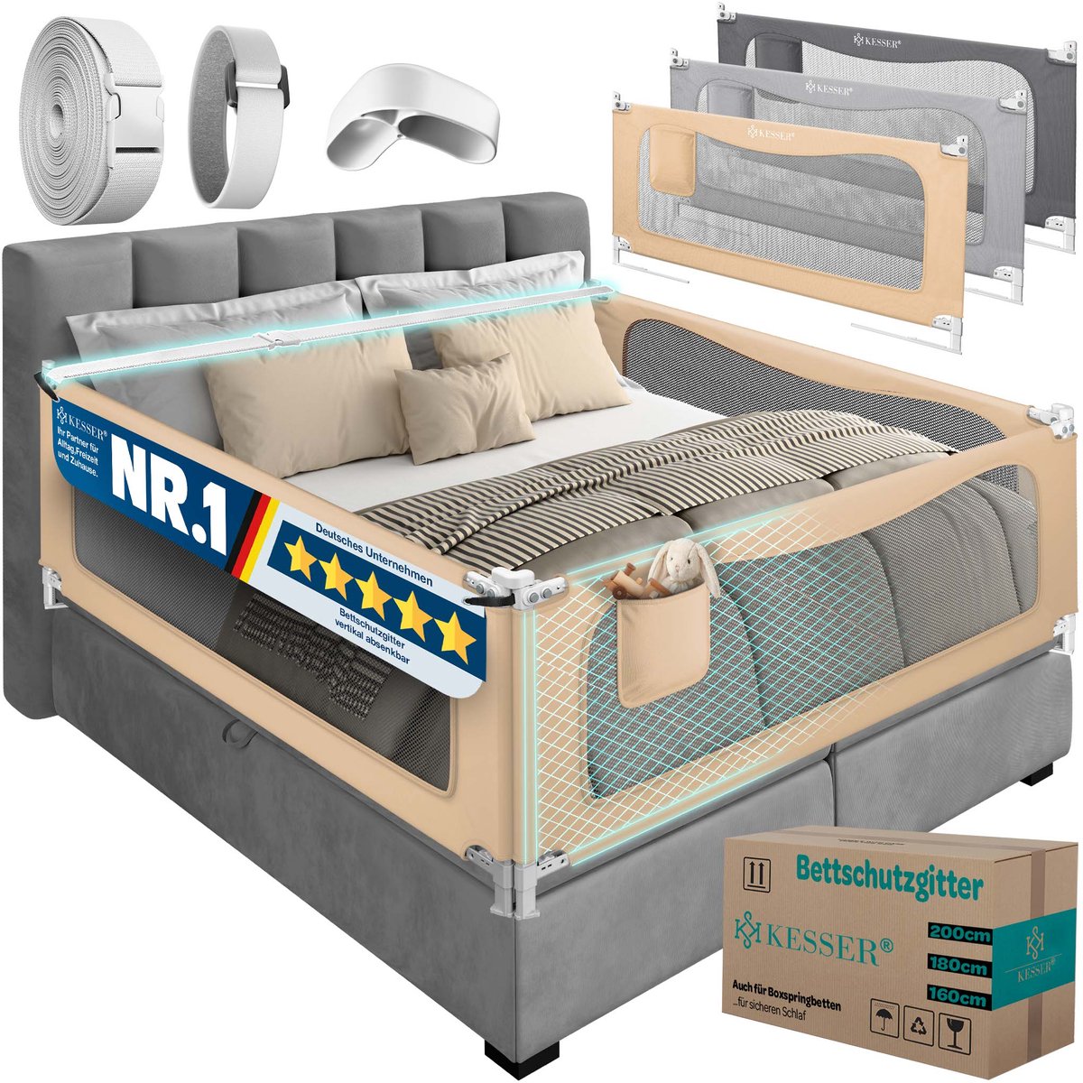 KESSER® Bedhekje - Valbeveiliging voor boxspring- en kinderbedden - In hoogte verstelbaar - Beige 180 cm
