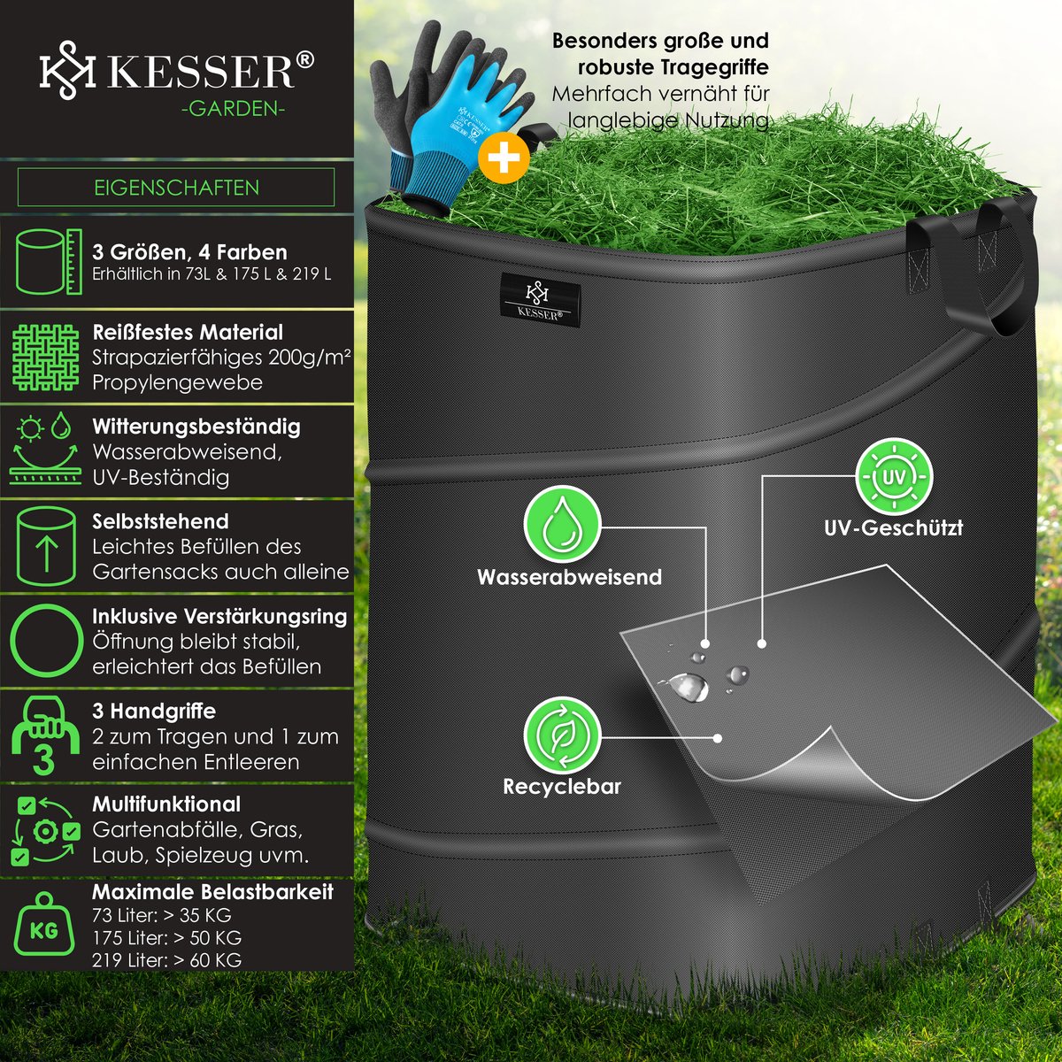 KESSER® Pop-up tuinzak 175 liter - Zelfstaand en opvouwbaar - Met handschoenen - Antraciet/zwart