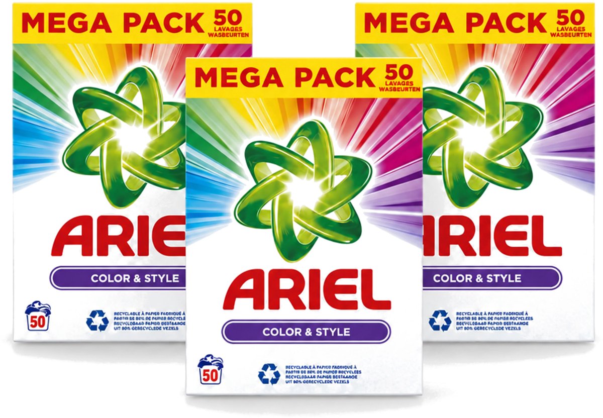 3 x Ariel Color & Style - Waspoeder - Gekleurde Was - 50 Wasbeurten - Voordeelverpakking - 3 stuks
