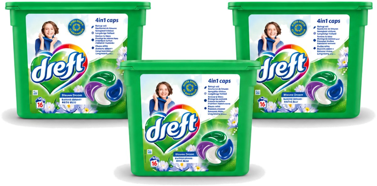 3 x Dreft - Wasmiddelcapsules 4in1 - Gekleurde Was - Blauwe Droom - 16 Wasbeurten - Voordeelverpakking - 3 stuks