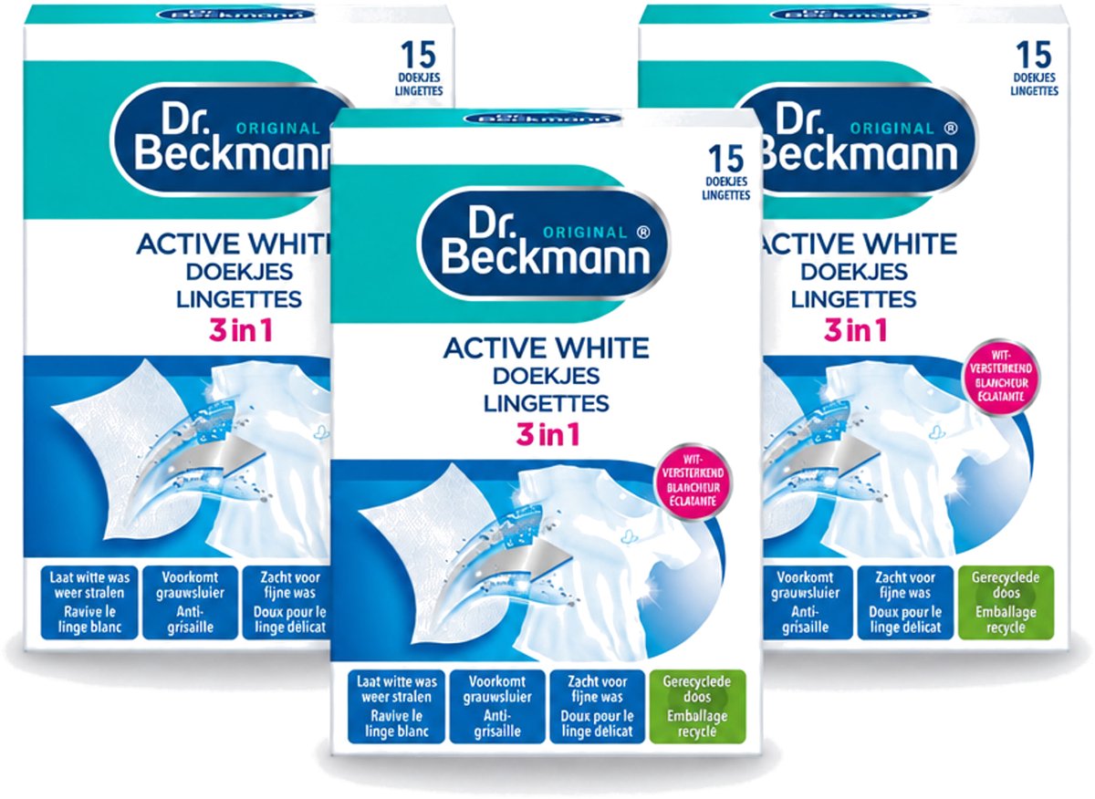 3 x Dr. Beckmann - Kleurverzorging - Active White - Witte Was - 15 Doekjes - Voordeelverpakking - 3 stuks