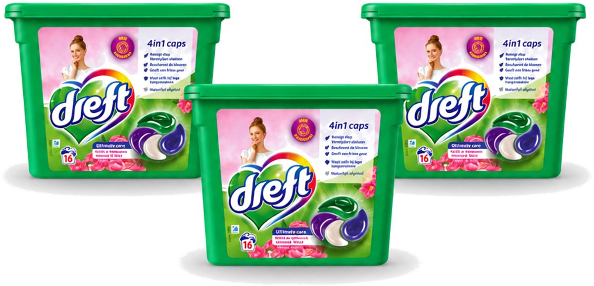 3 x Dreft - Wasmiddelcapsules 4in1 - Witte en Gekleurde Was - Vleugje Roze - 16 Wasbeurten - Voordeelverpakking - 3 stuks