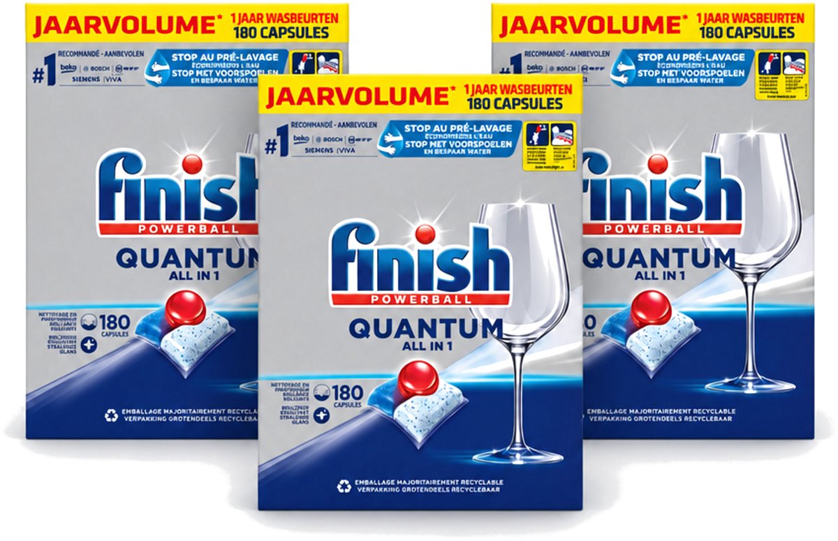 3 x Finish Powerball - Quantum All in 1 - Vaatwastabletten - 180 Tabletten - Voordeelverpakking - 3 stuks