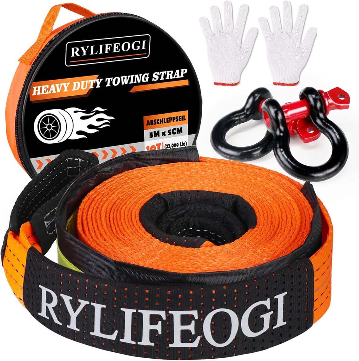 SnelShoppen - Tow Rope 10 Ton, 5m x 5cm, Heavy Duty Sleptouw met 2 Versterkte Haken en 2 Handschoenen voor Off-Road Noodgevallen (Oranje)
