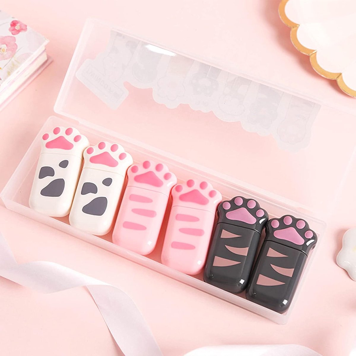 SnelShoppen - Pack van 6 Mini Correctietapes, Schattige Kattenpootvorm, 6m x 5mm, Compact en Milieuvriendelijk, Geschikt voor Kinderen en Schoolgebrui