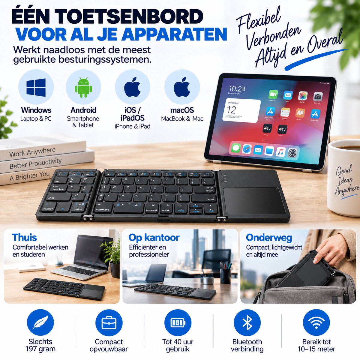 IMENGINE® Opvouwbaar Bluetooth Toetsenbord met Touchpad – Draadloos QWERTY Keyboard – 197g – Voor Tablet, iPad, Smartphone, Laptop & PC – Oplaadbaar — cadeau in Gadgets - foto 4
