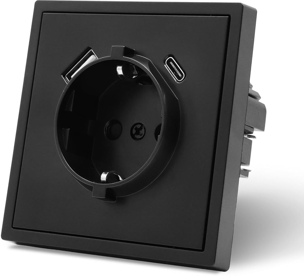 SnelShoppen - USB C Wandcontactdoos EU Standaard, Inbouwcontactdoos 1-Weg, Eenvoudige Installatie, 80mm × 80mm, Zwart, 3-Draads, Voor Thuisgebruik