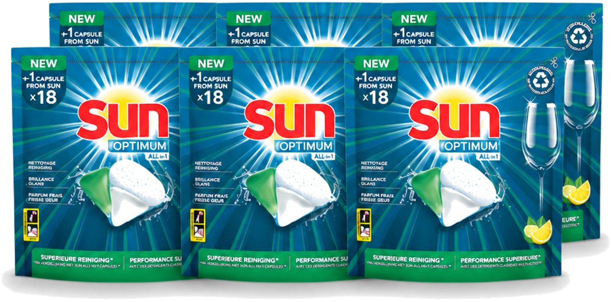 6 x Sun Optimum - All-in-1 - Vaatwasmiddel - Capsules - Citroen - 18 Capsules - Voordeelverpakking - 6 stuks