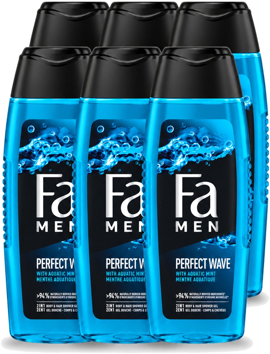 6 x Fa Men - Perfect Wave - 2 in 1 Douchegel & Shampoo - Menthol - 250 ml - Voordeelverpakking - 6 stuks