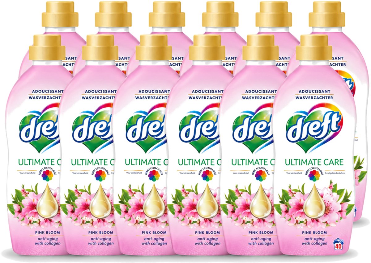 12 x Dreft - Ultimate Care - Wasverzachter - Roze Bloem - Anti-Veroudering - 40 Wasbeurten - Voordeelverpakking - 12 stuks