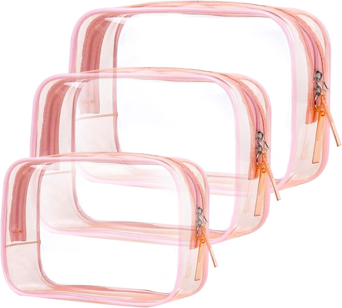 SnelShoppen - Toiletry Bag Transparant 3 Stuks - Cosmetic Bag Waterdicht PVC Reis Wash Bags TSA Goedkeuring - Voor Dames en Heren - Roze