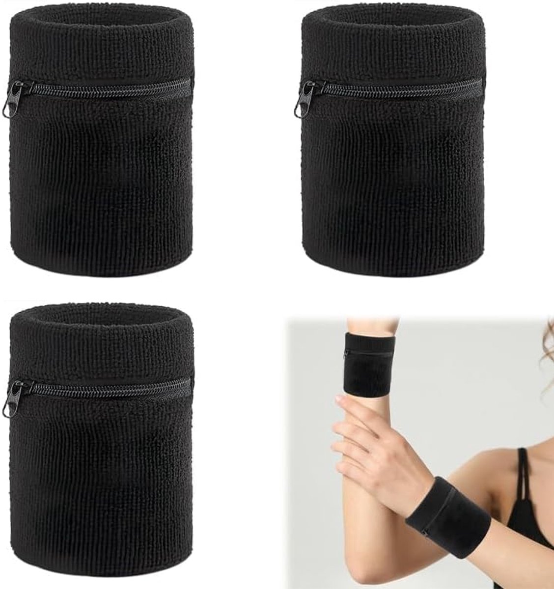 Sportpolsband, 3 stuks, sportzweetband met praktische zak met ritssluiting, katoenen polstas voor heren en dames, voor voetbal, basketbal, hardlopen en tennissport