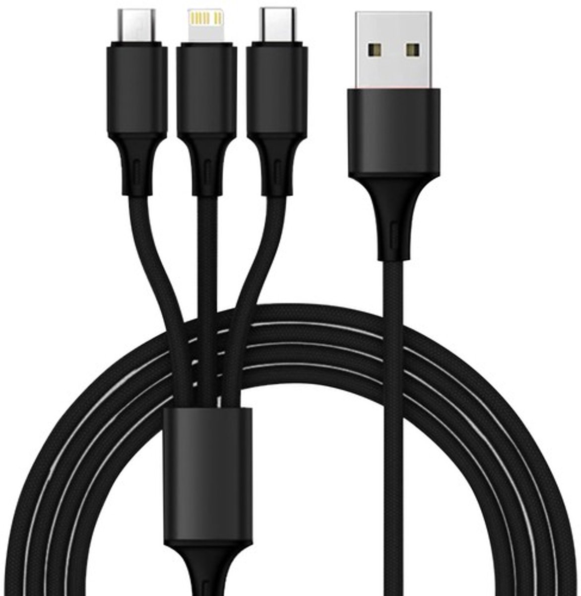 3 in 1 USB laadkabel | Nylon gevlochten kabel | 1,2 meter | Type-C, Micro USB & Lightning | Verk