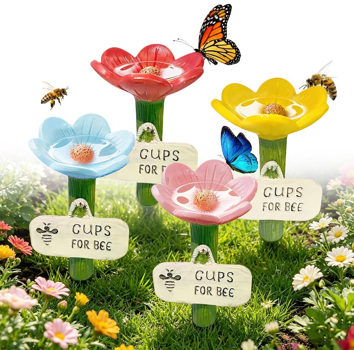 Bijendrinkstation voor de tuin, 4 stuks bijendrinkbak in bloemvorm, bekers voor bijen, tuinaccessoires bevorderen biodiversiteit