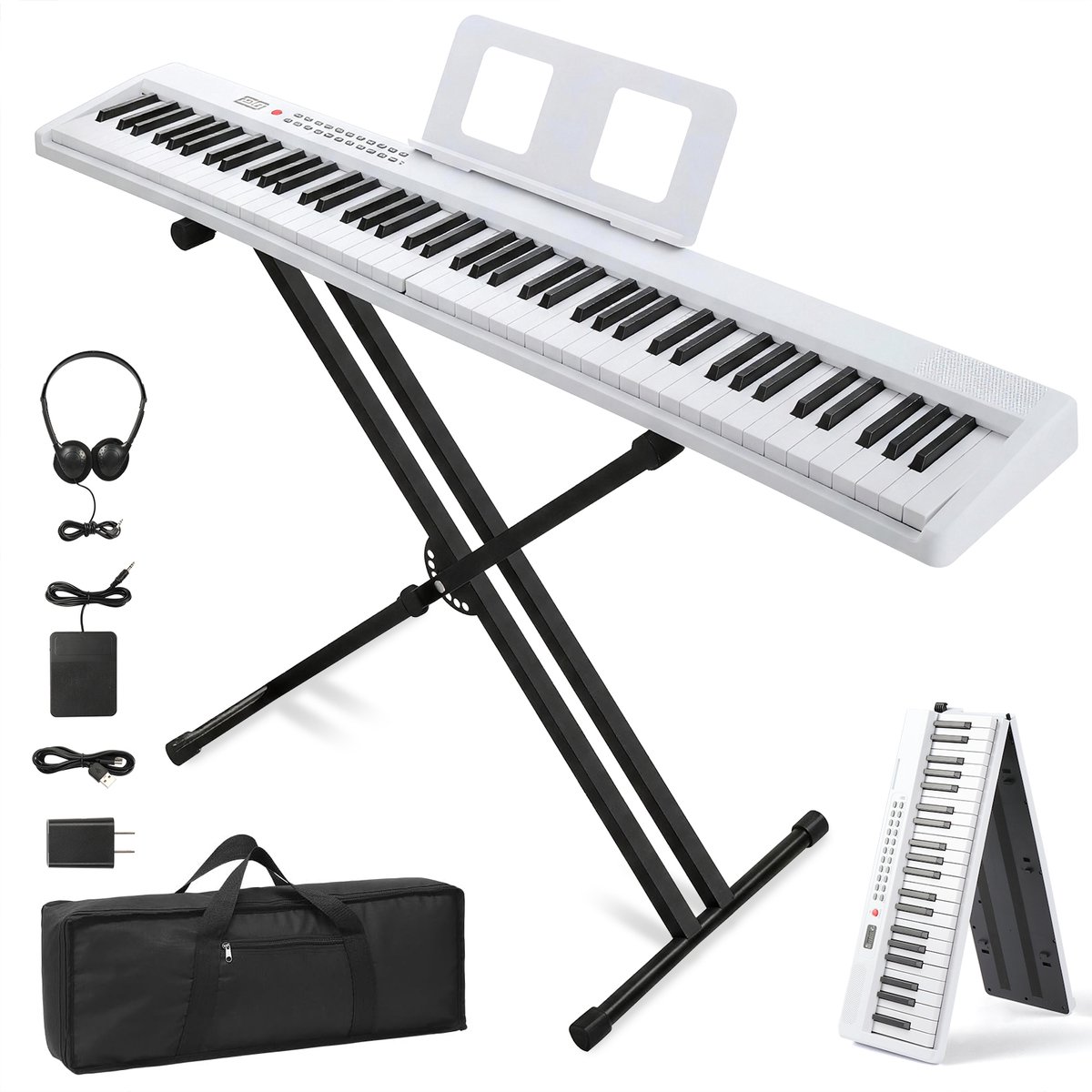 Digitale piano- 88 toetsen - opvouwbaar keyboard - met standaard - MIDI en Bluetooth - wit