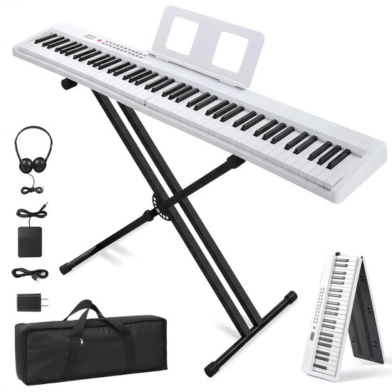 Wit 88-toetsen digitaal keyboard met standaard, koptelefoon, pedaal, adapter en draagtas.