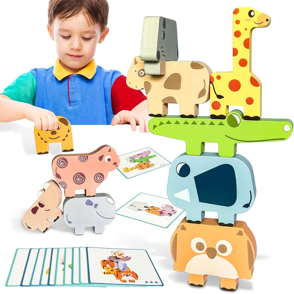 Stapelspel, houten speelgoed, dieren om te stapelen, bouwstenen voor kinderen, balansspel, houten motoriekspeelgoed, educatief speelgoed, doop, cadeau voor meisjes en jongens van 2