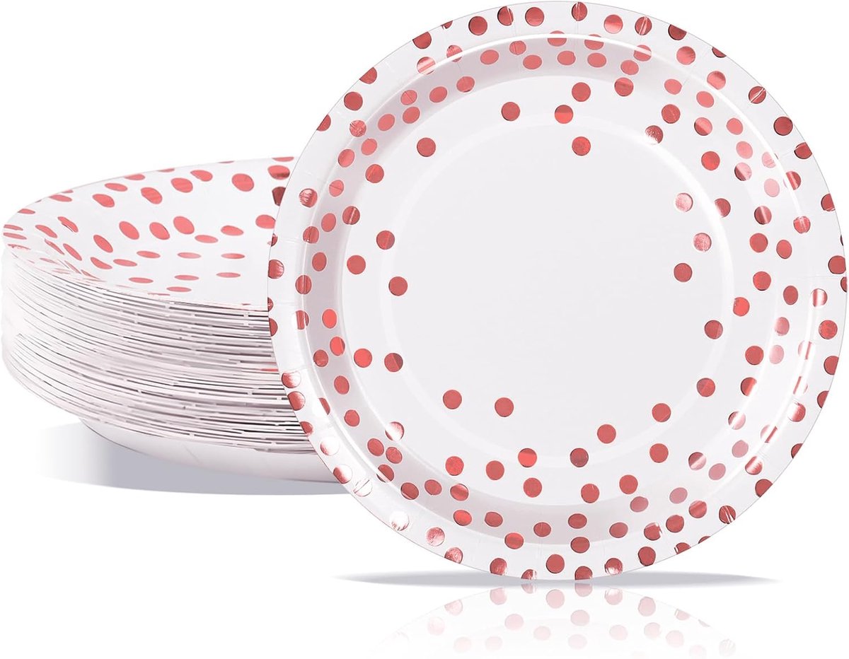 Wit en roségoud, 50 stuks papieren borden voor feestjes in 23 cm ronde papieren borden voor verjaardag