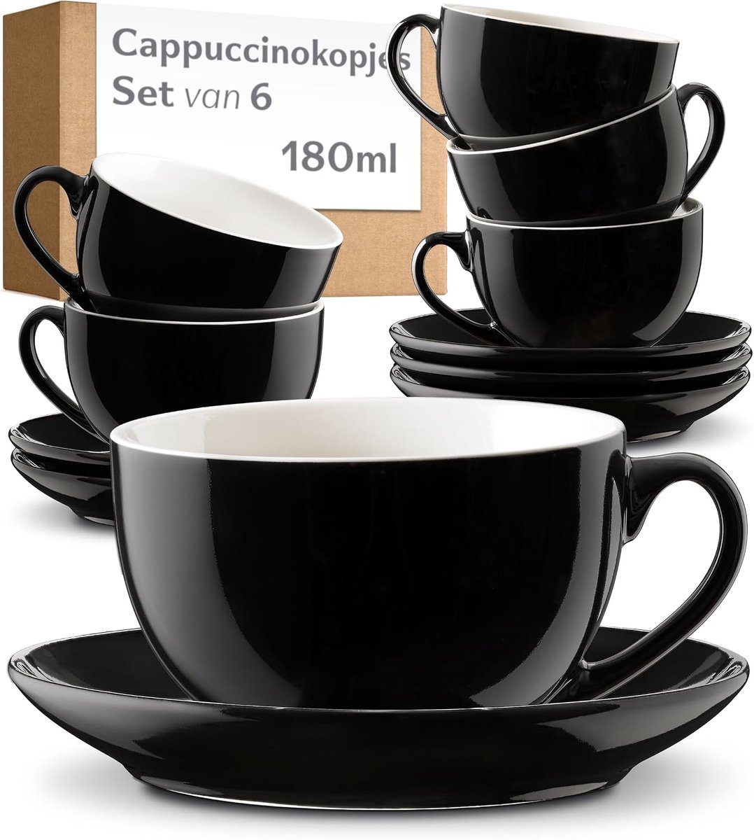Cappuccino Kopjes Set van 6 Zwart 180 ml met Schoteltjes – Keramiek