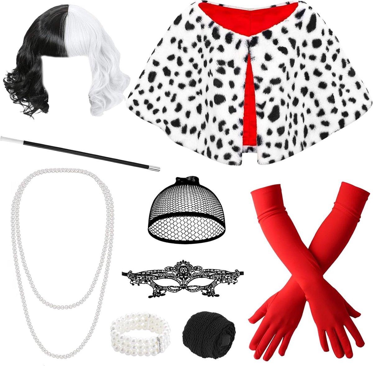 9 stuks Cruella Cosplay-outfit voor vrouwen, zwart-witte pruik, duivelse outfit met pruik, masker, parels, armbanden, handschoenen, sjaal, sigaret en netkousen voor carnaval