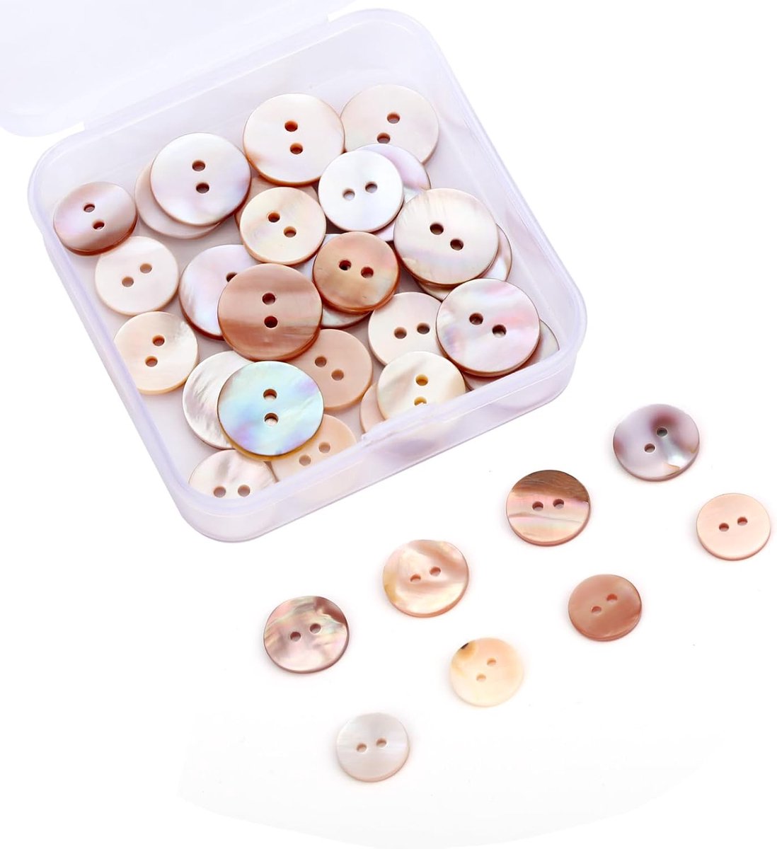 Knopen, 12,5 mm en 15 mm, parelmoer, zelf te maken, zonder buttonmachine, met transparante opbergdoos, voor kleding, naaien