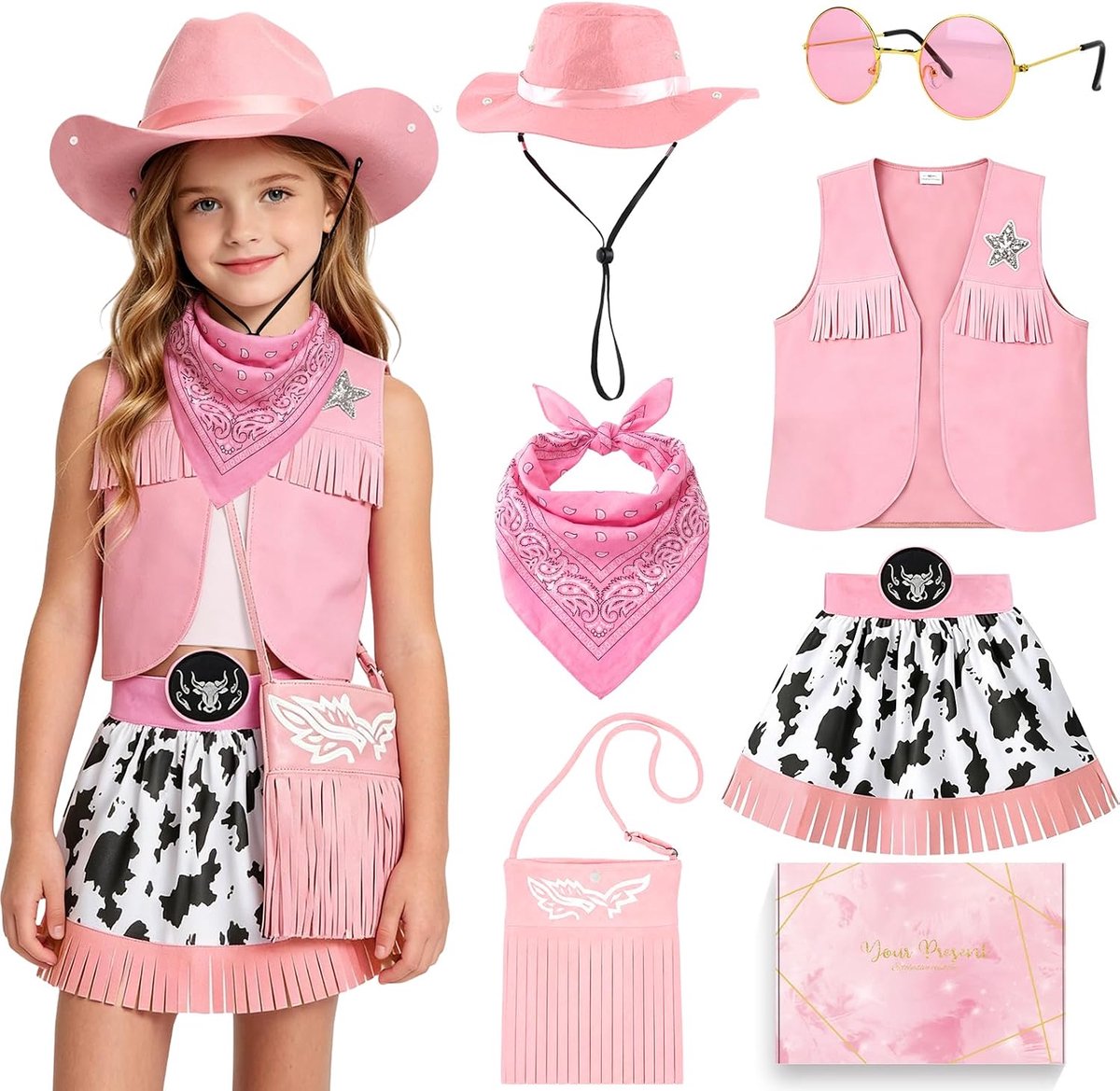 Cowgirl-kostuum voor meisjes, cowboykostuum voor meisjes met westernkinderen, rok, hoed, bandana, zonnebril, tas, cowgirlkostuum voor meisjes, voor Halloween, carnaval, feest
