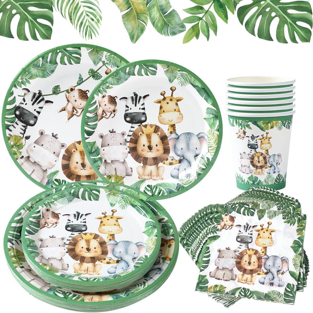 Papieren platen bekers en servetten set - 96pcs jungle safari thema kinderen verjaardagsfeest servies set met inbegrip van papieren platen, servetten, wegwerpbekers, safari servies voor baby do
