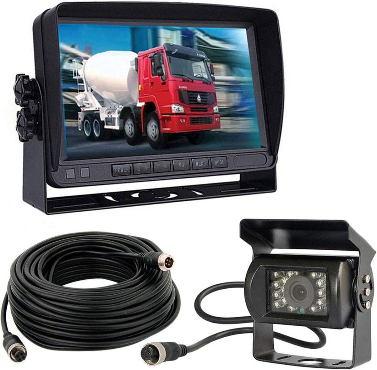 12 V-24 V 4-pins auto-achteruitrijcamerasysteem voor campers Bus Aanhangwagen Vrachtwagen Vrachtwagen Caravan, 7 "TFT LCD HD-kleurenautomonitor met 2 18-leds Nachtzicht Waterdichte achteruitrijcamera