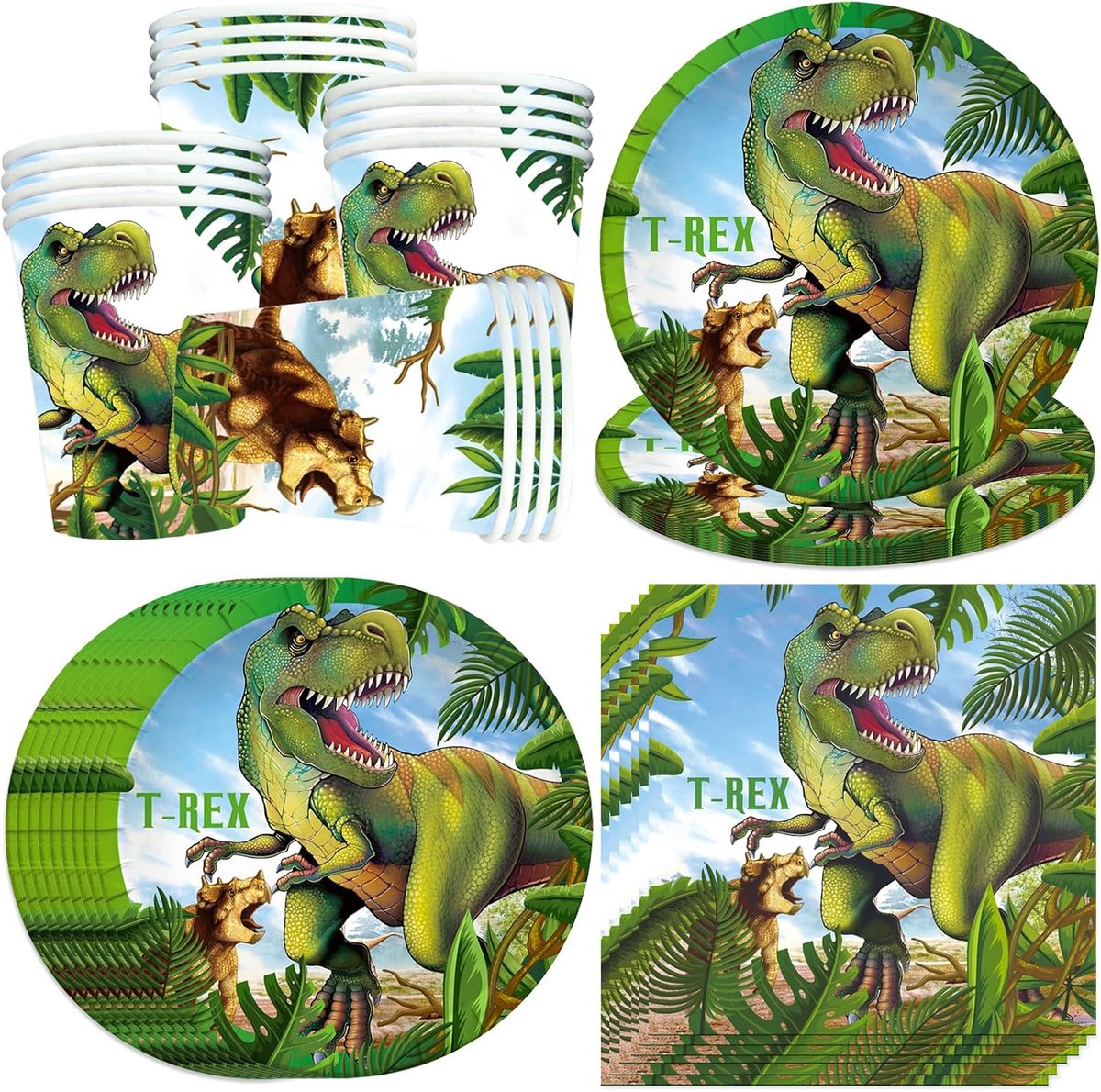 Feest servies set, dinosaurus verjaardagsfeestje borden voor 16 gasten, dinosaurus verjaardag servies, Jurassic feest decoratie set, kinderfeestje borden bekers servetten