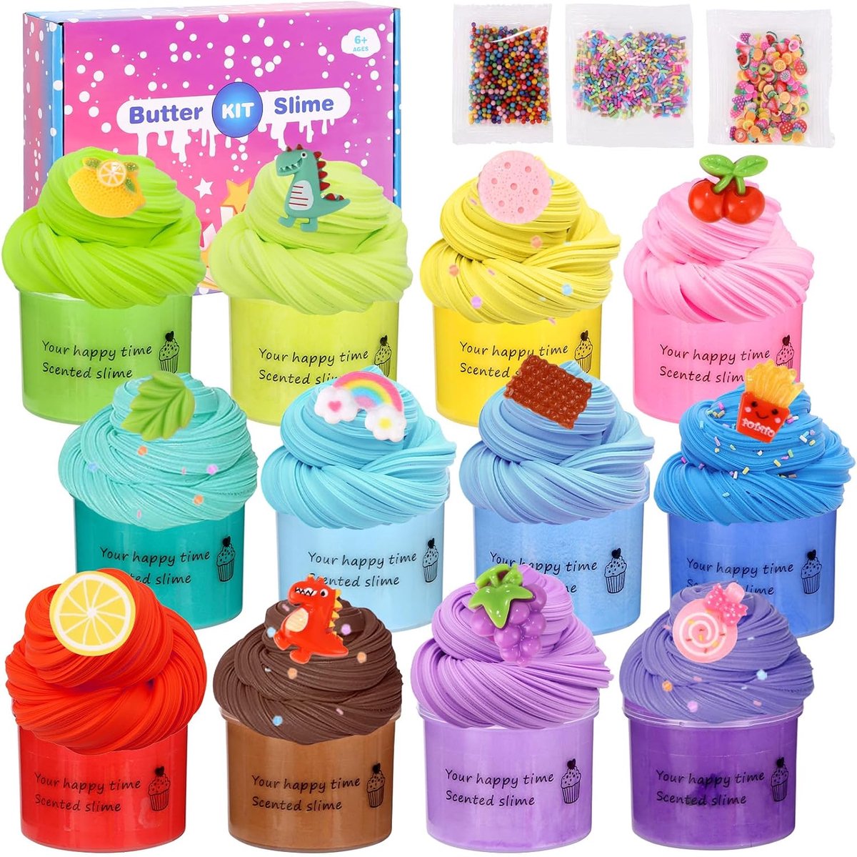 Slijmset, 12 stuks pluizige boterslijm, wolkenslijm, slijmset om zelf te maken, bevat pluizig wolkenslijm, slijm kinderfeest, verjaardagscadeaus