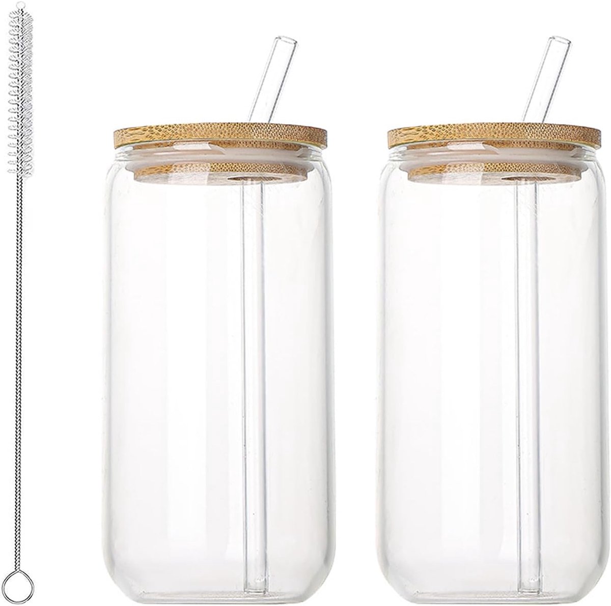 Bekers, 2 stuks, 500 ml glazen met deksel en rietje, transparante glazen beker, veelzijdig drinkglas met reinigingsborstel, voor koffie, smoothie, matcha, cocktail, dranken (transparant