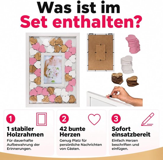 Gastenboek bruiloft in fotolijst met 72 houten harten om te beschrijven - bruiloftsgastenboek, MDF houten lijst wit, 43 x 31 cm (harten bont) — afbeelding 5
