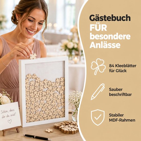 Gastenboek voor bruiloft, in fotolijst met 72 houten hartjes om te beschrijven, bruiloftsgastenboek, MDF houten lijst, wit, 43 x 31 cm, klaverbladen — afbeelding 2
