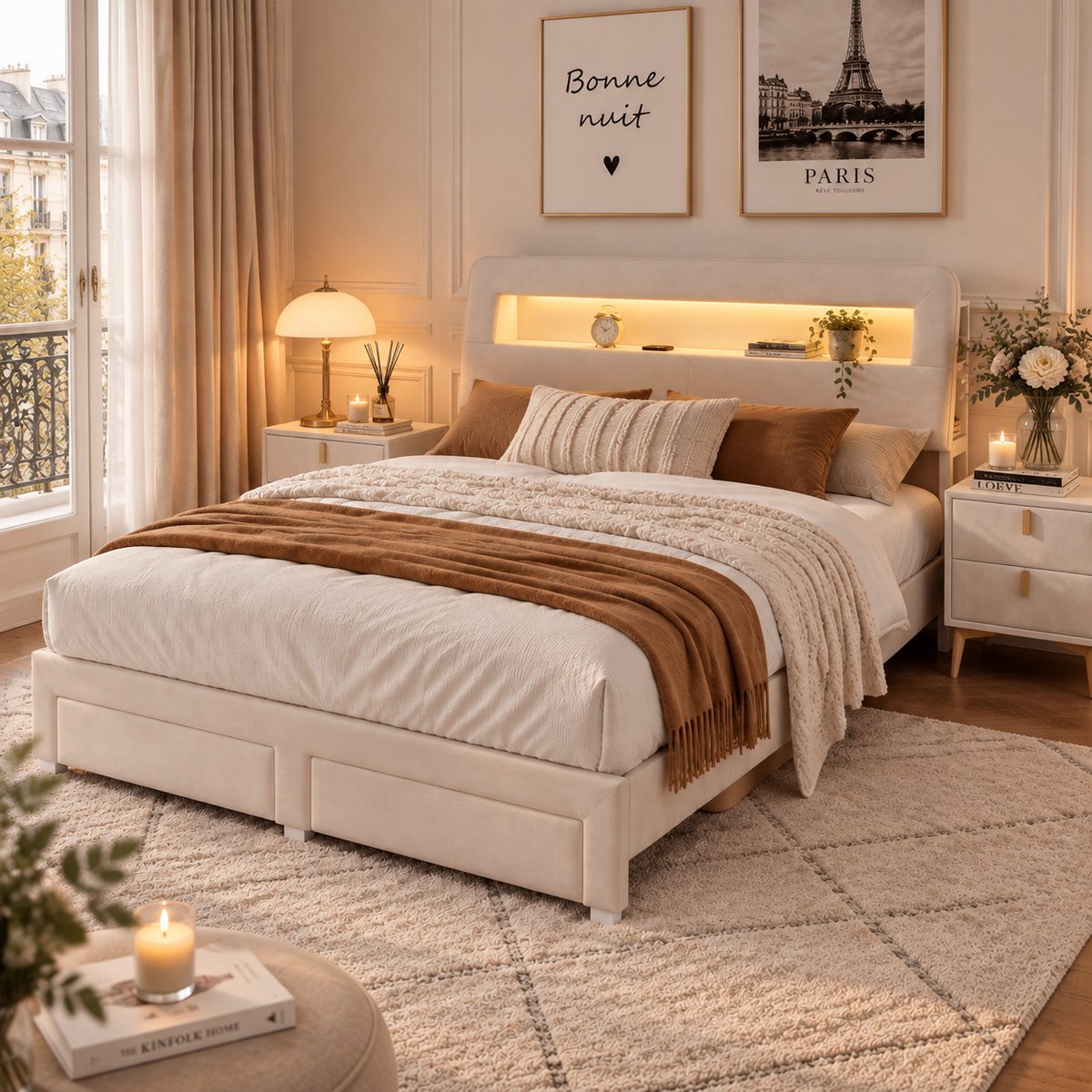 MEXUS Tweepersoonsbed 160x200 cm met ledverlichting en USB-poort, bed met open planken en verborgen opbergruimte in het gestoffeerde hoofdeinde, bedframe met 2 lades en lattenbodem, fluweel Beige