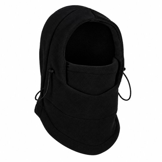 Zwarte fleece bivakmuts met capuchon en verstelbaar trekkoord.