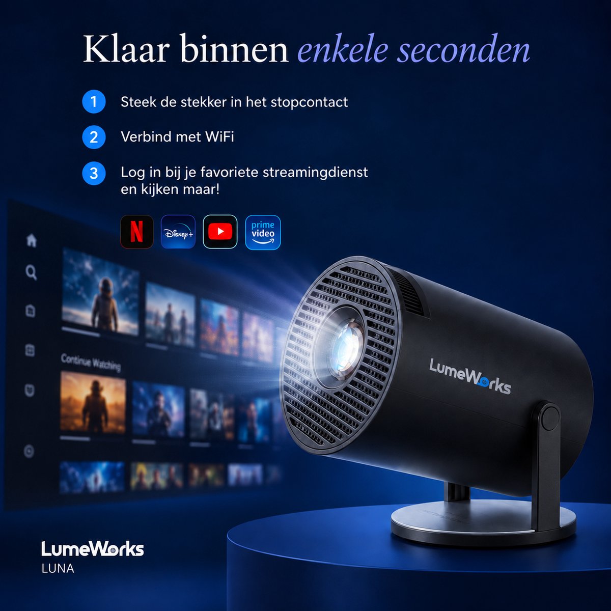 LumeWorks Luna Mini Beamer 2026 - 4K Support - Smart Projector met Android 14 - WiFi 6 & Bluetooth - Home Cinema - Draagbaar - Streamen vanaf Telefoon - Zwart thumbnail 5