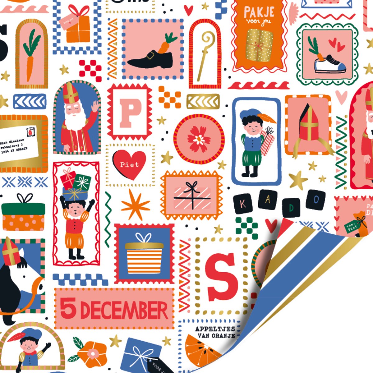 Het Inpakhuis - Cadeaupapier - Inpakpapier - Kadopapier - Sinterklaaspret - Painted Lines Blauw Rood - 70cm x 2mtr
