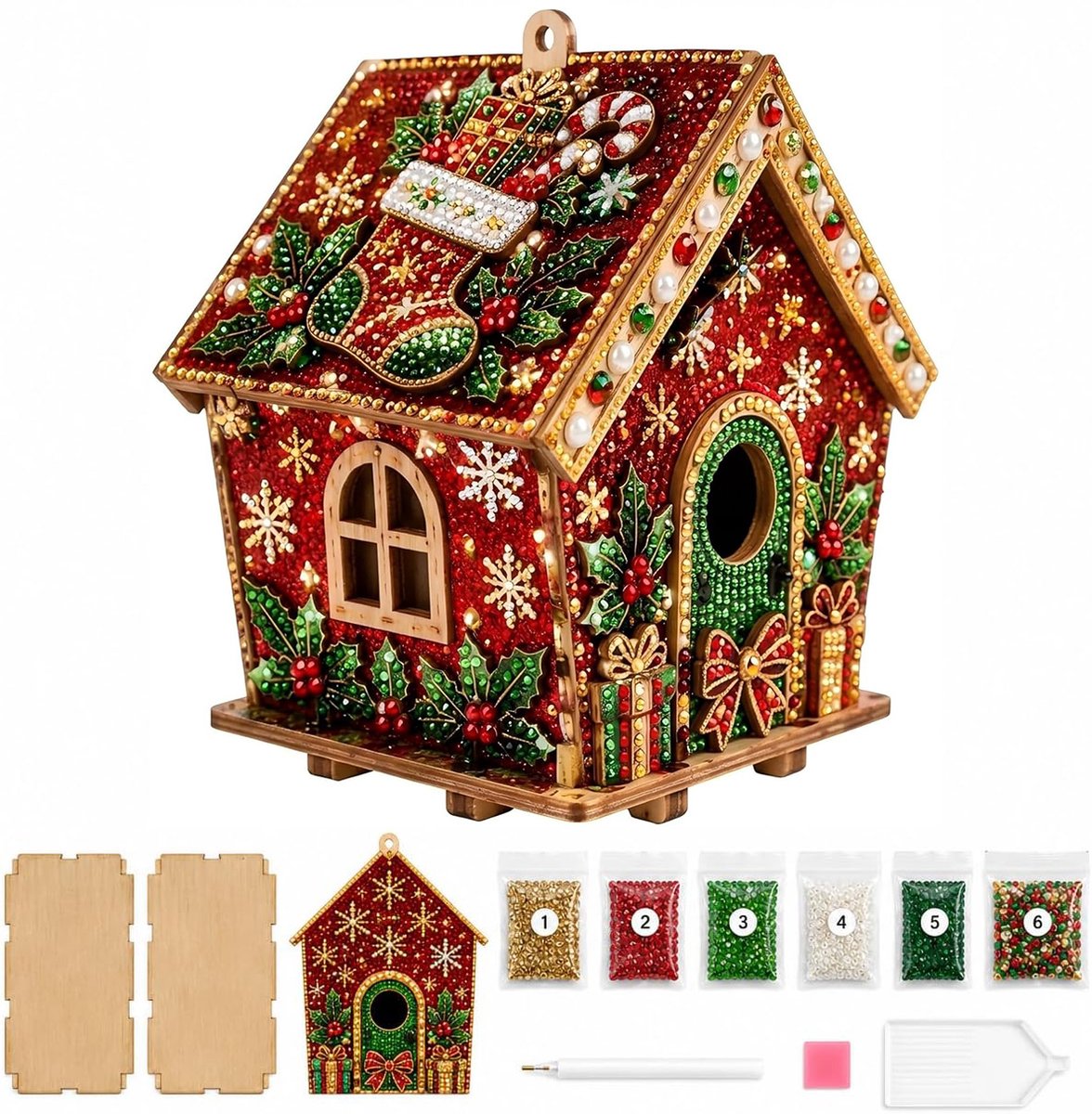 Namajunas - 3D Houten Huis Diamond Painting set - Parels - Diamond Painting Volwassenen & Kinderen - Met Diamond Painting Accesoires - Creatief Knutselen - Knutselpakket - Kerstboomversiering - Kerstversiering Decoratie Binnen - Cadeau - Kerstkous